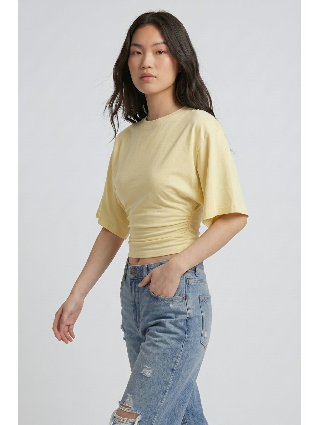 Sarı Bisiklet Yaka Beli Büzgülü Yarasa Kollu Crop Bluz-3