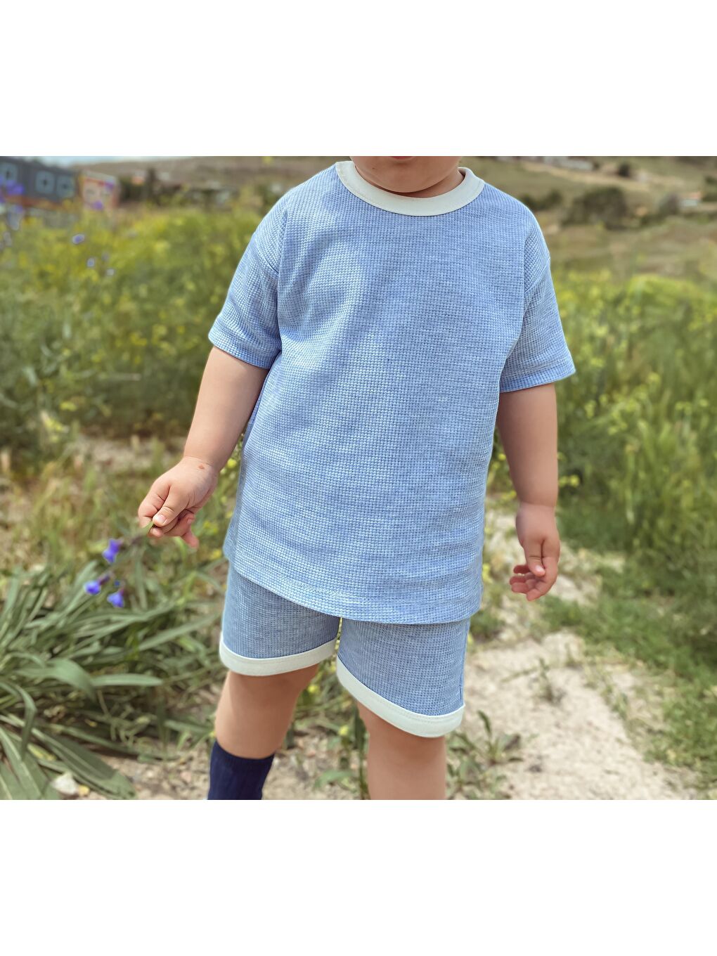 Mavi Oversize Waffle Takım-7