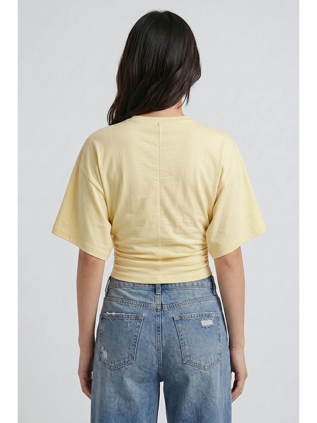 Sarı Bisiklet Yaka Beli Büzgülü Yarasa Kollu Crop Bluz-4