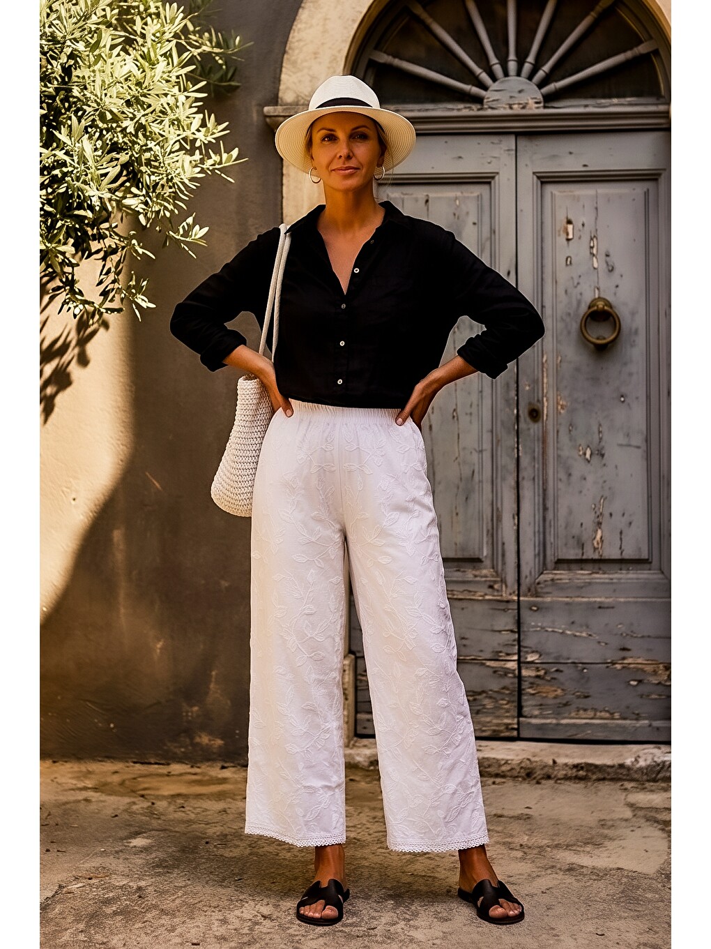 Beyaz Astarlı Brodeli Lastikli Bel Casual Organze Kumaş Dokuma Pantolon 103 65-5