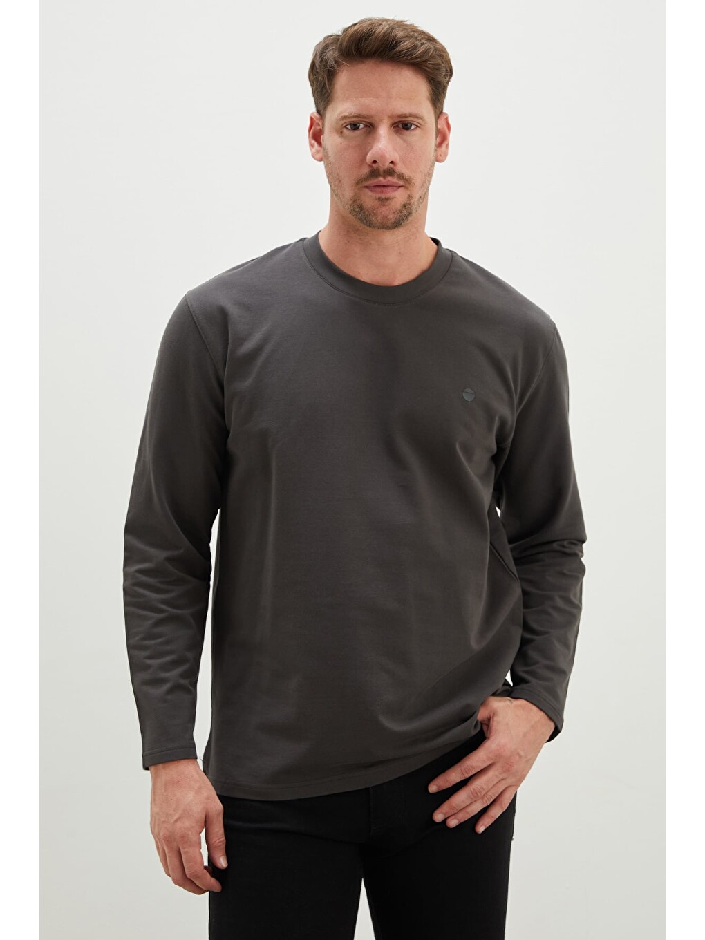 Antrasit Baskılı Bisiklet Yaka Sweatshirt