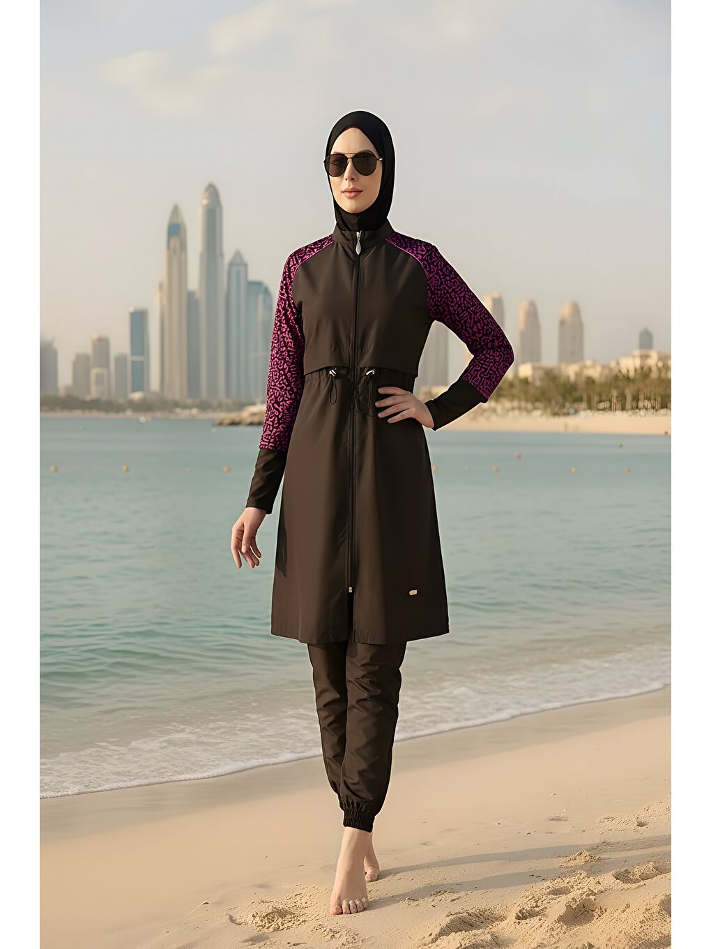 Siyah Hızlı Kuruyan Paraşüt Kumaş 5 Parça Tam Kapalı Tesettür Mayo 22165-1