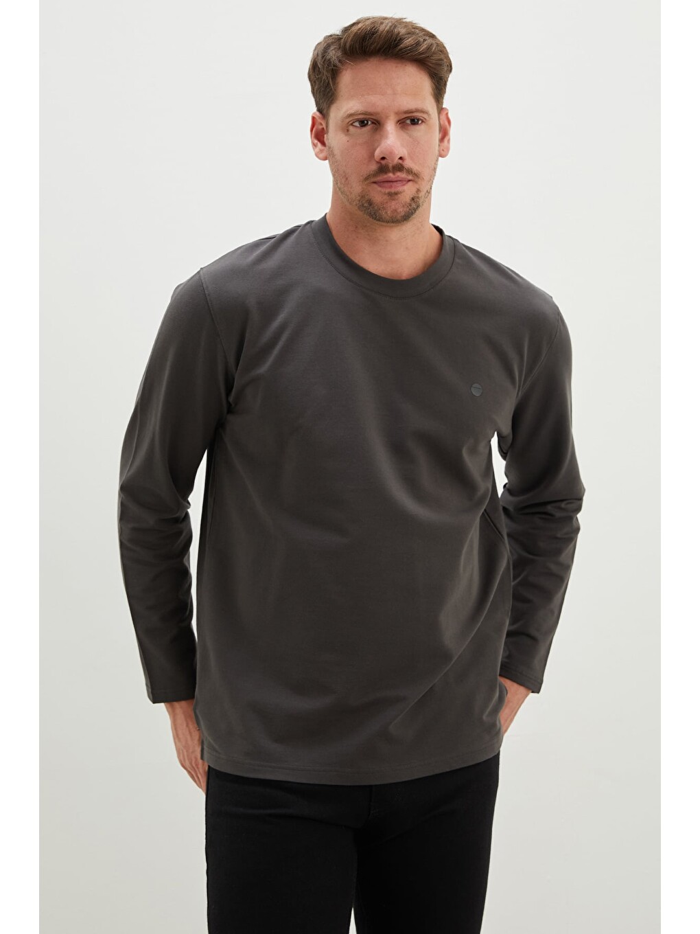 Antrasit Baskılı Bisiklet Yaka Sweatshirt-3