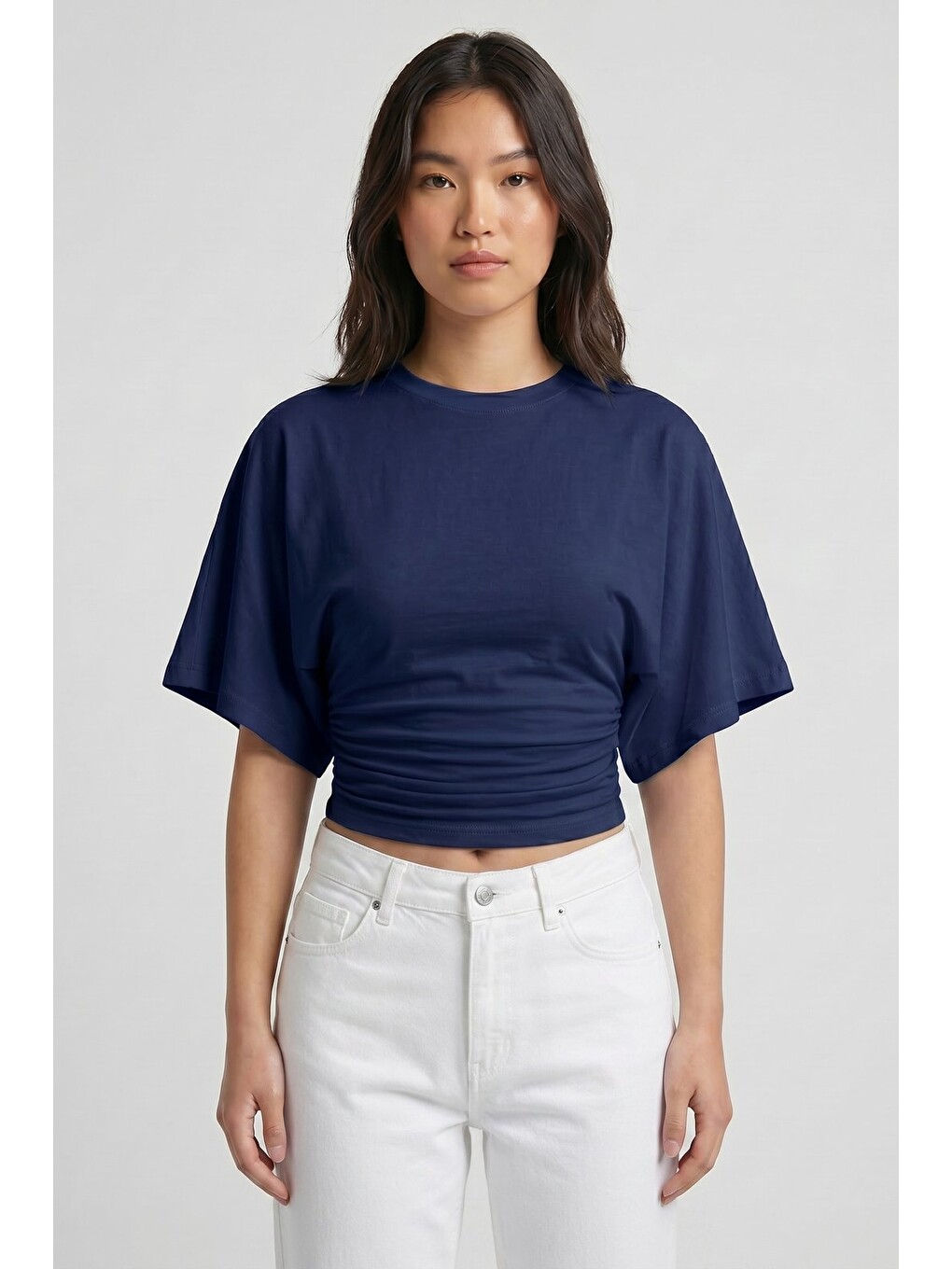 Lacivert Bisiklet Yaka Beli Büzgülü Yarasa Kollu Crop Bluz