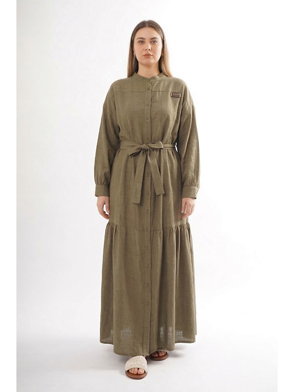 Hakim Yaka Keten Uzun Elbise 703 Açık Haki