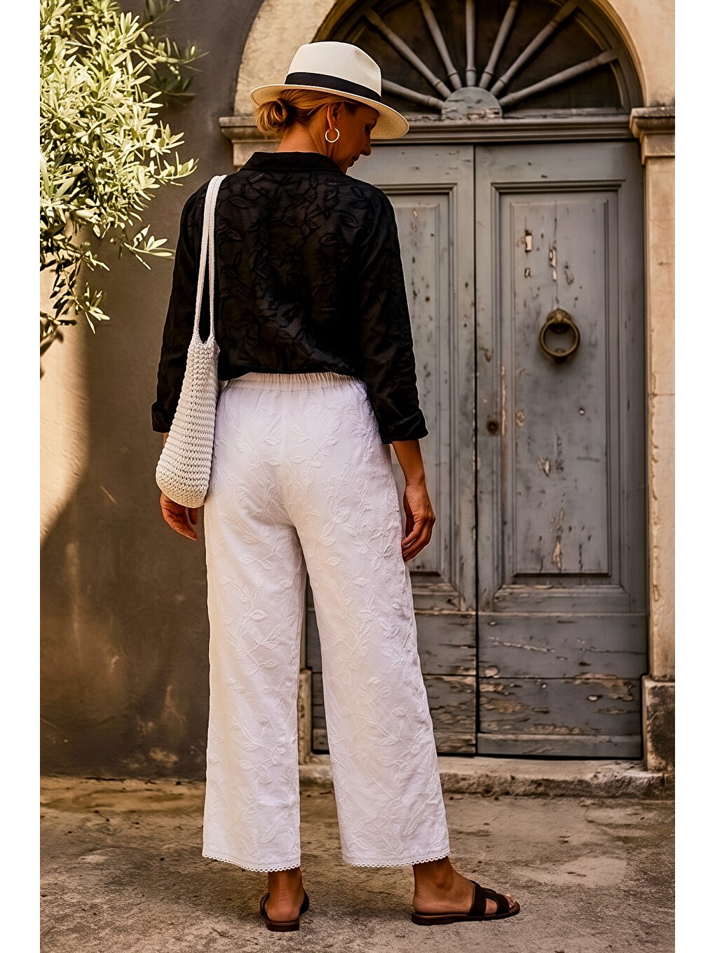 Beyaz Astarlı Brodeli Lastikli Bel Casual Organze Kumaş Dokuma Pantolon 103 65-6