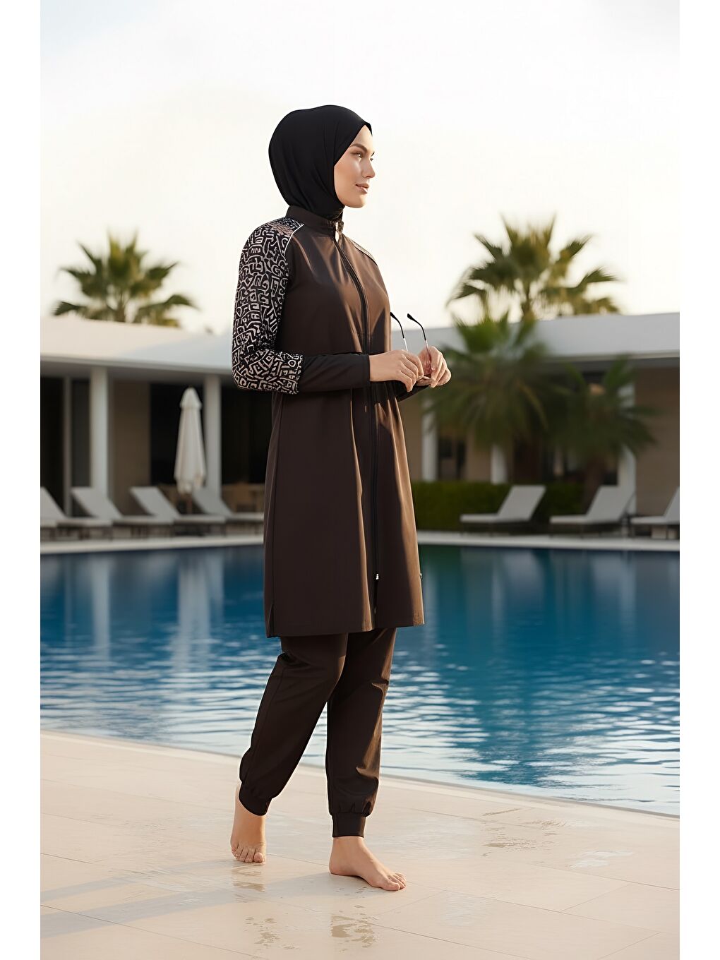 Siyah Hızlı Kuruyan Paraşüt Kumaş 5 Parça Tam Kapalı Tesettür Mayo 22165-3