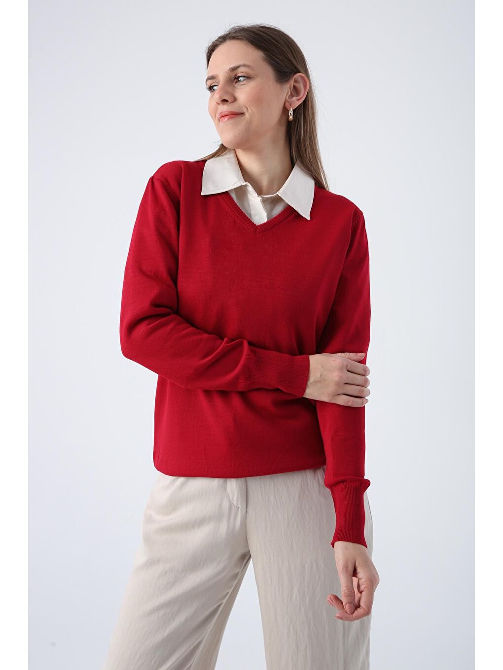 Kırmızı V Yaka Triko Kazak-4