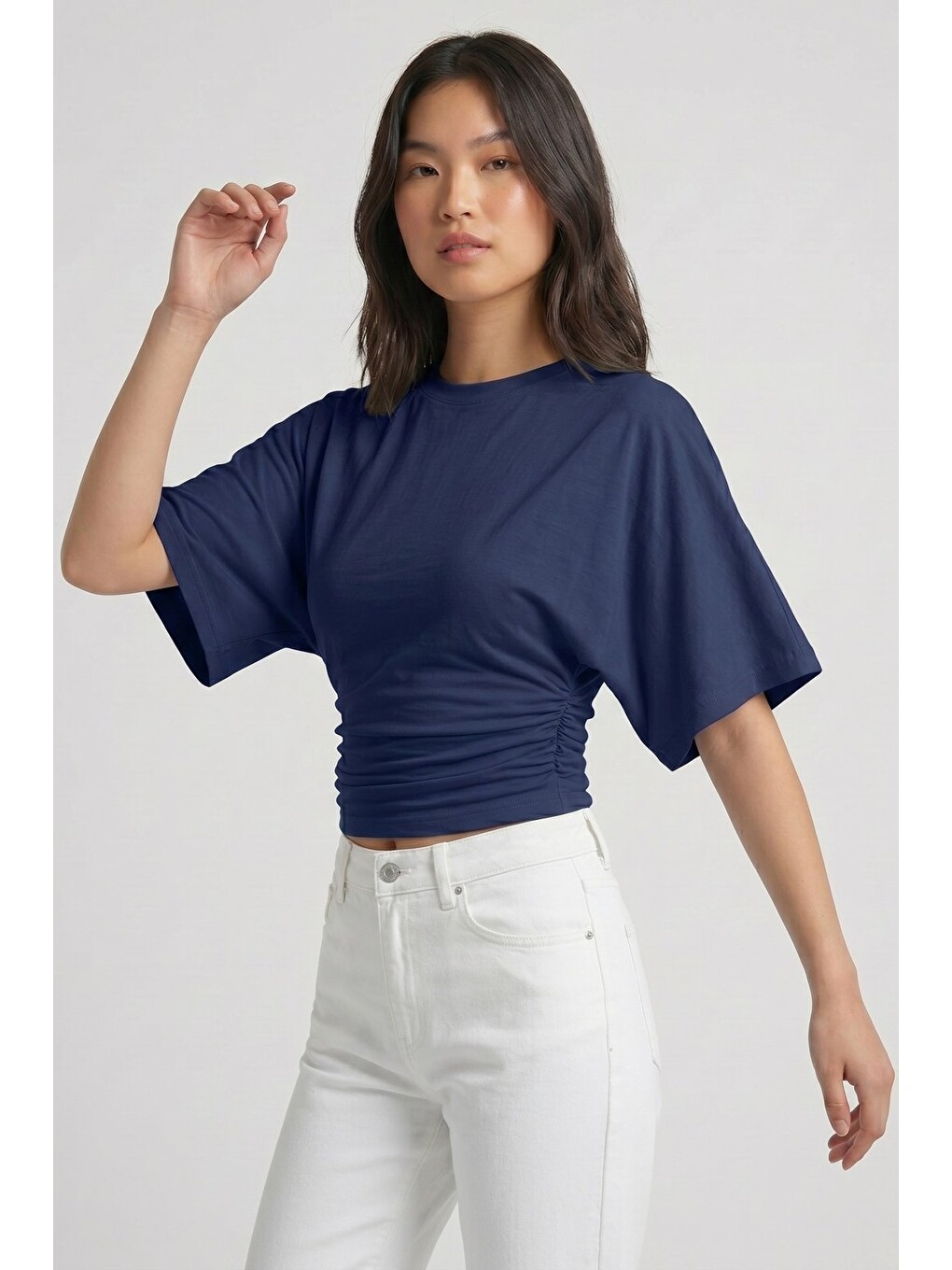 Lacivert Bisiklet Yaka Beli Büzgülü Yarasa Kollu Crop Bluz-2