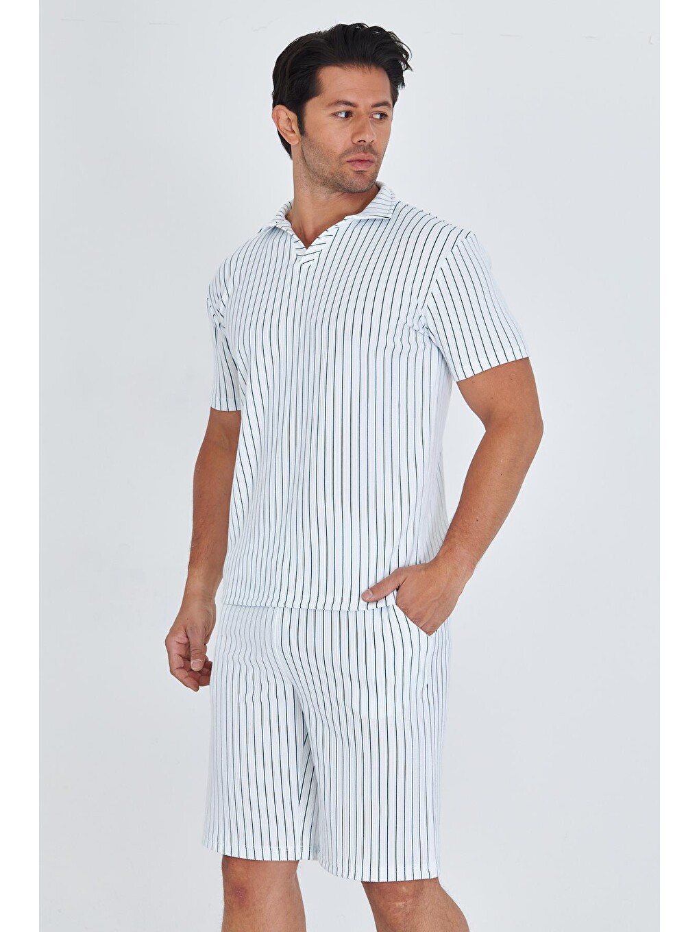 Erkek Yakalı Çizgili Polycotton T-shirt Şort İkili Takım Petrol 5733-p