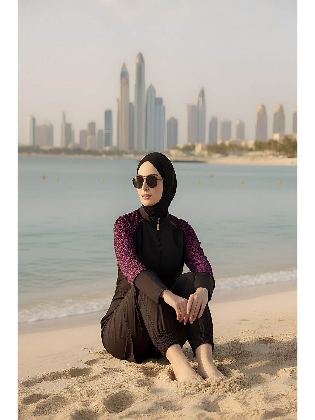 Siyah Hızlı Kuruyan Paraşüt Kumaş 5 Parça Tam Kapalı Tesettür Mayo 22165-3