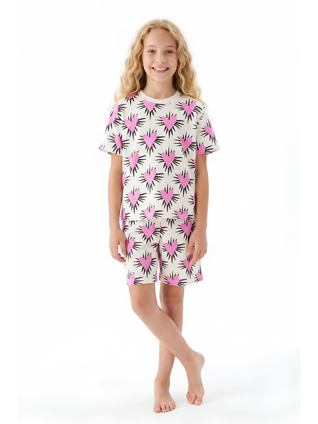 Pembe Kız Çocuk %100 Pamuk Ve Şortlu Pijama Takımı 8-13 Yaş 12721ıs-1