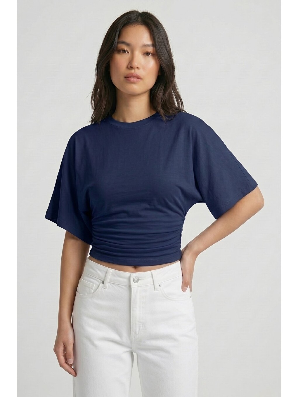 Lacivert Bisiklet Yaka Beli Büzgülü Yarasa Kollu Crop Bluz-3