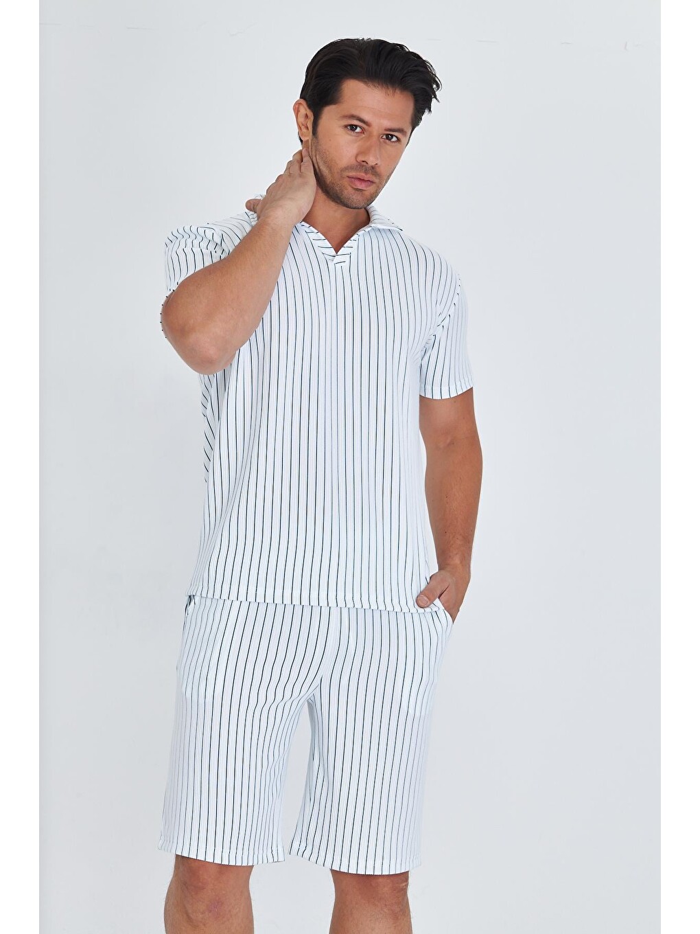 Erkek Yakalı Çizgili Polycotton T-shirt Şort İkili Takım Petrol 5733-p-1