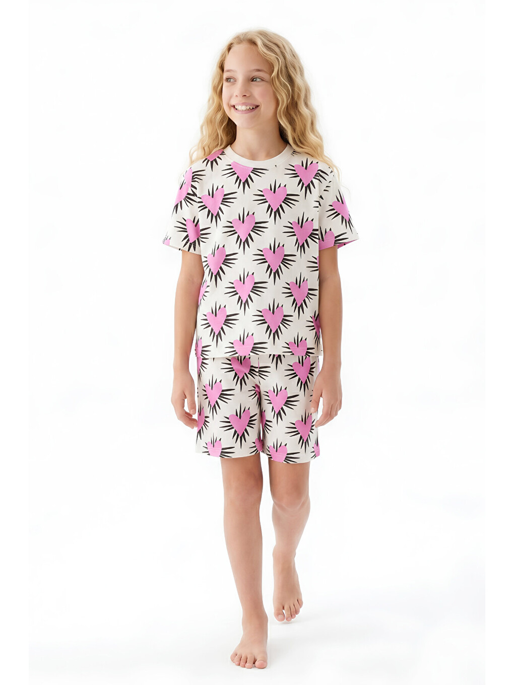 Pembe Kız Çocuk %100 Pamuk Ve Şortlu Pijama Takımı 8-13 Yaş 12721ıs-2