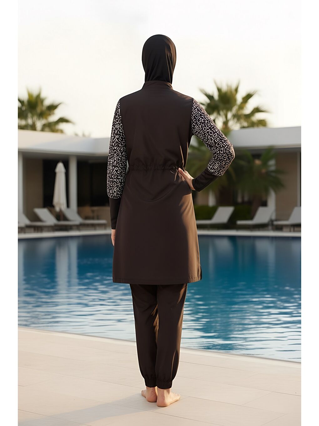 Siyah Hızlı Kuruyan Paraşüt Kumaş 5 Parça Tam Kapalı Tesettür Mayo 22165-4