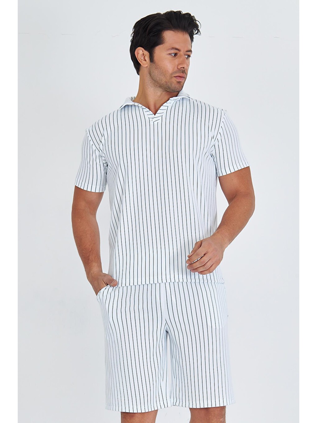 Erkek Yakalı Çizgili Polycotton T-shirt Şort İkili Takım Petrol 5733-p-2