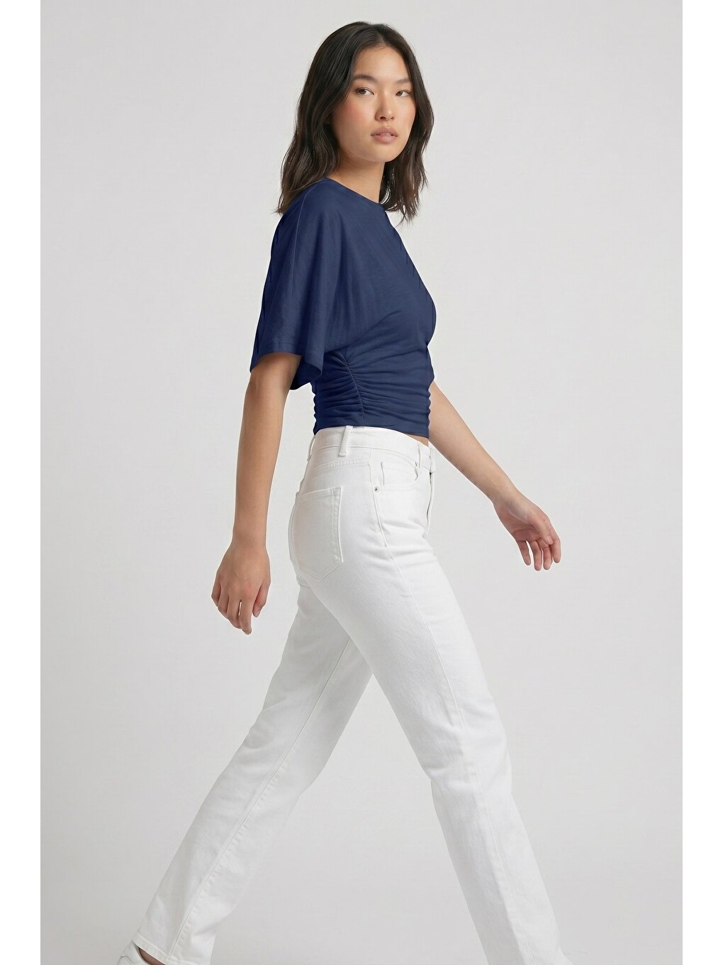 Lacivert Bisiklet Yaka Beli Büzgülü Yarasa Kollu Crop Bluz-4