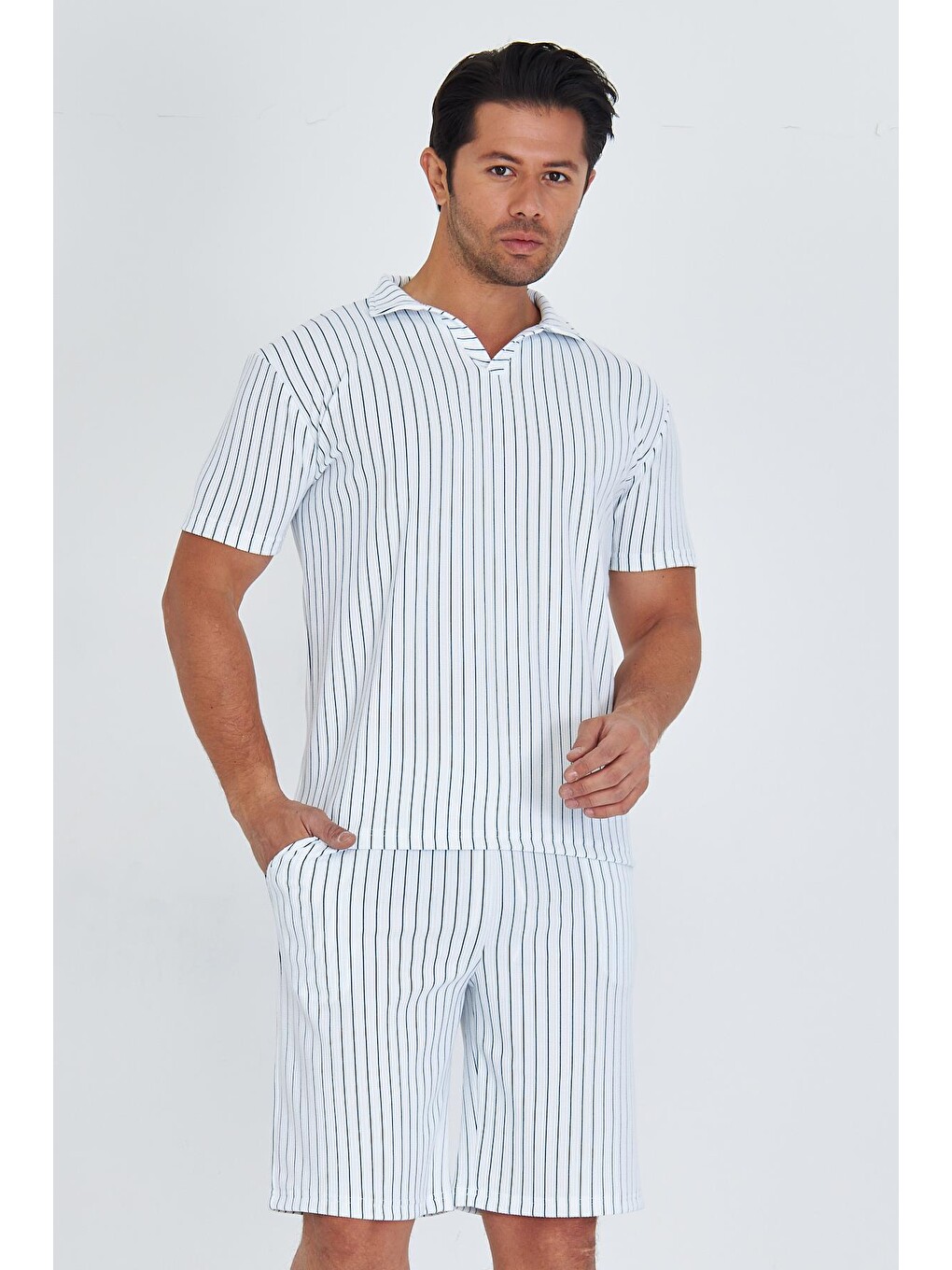 Erkek Yakalı Çizgili Polycotton T-shirt Şort İkili Takım Petrol 5733-p-3