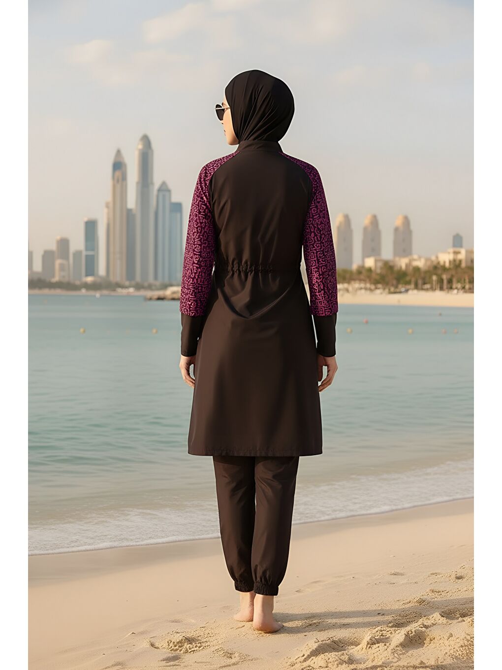 Siyah Hızlı Kuruyan Paraşüt Kumaş 5 Parça Tam Kapalı Tesettür Mayo 22165-4