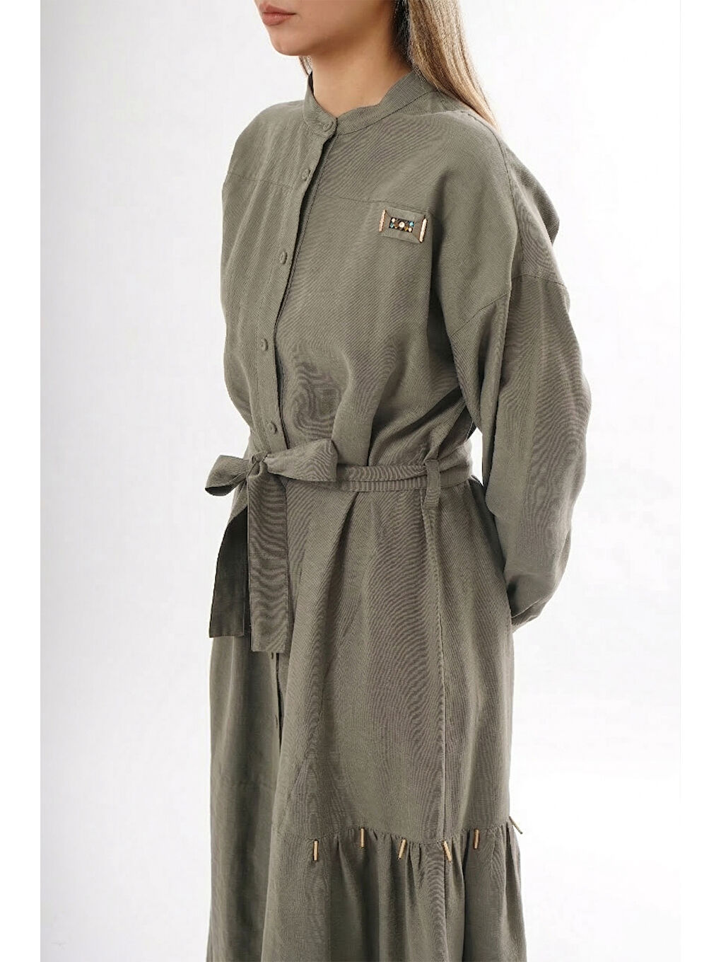 Hakim Yaka Keten Uzun Elbise 703 Açık Haki-1