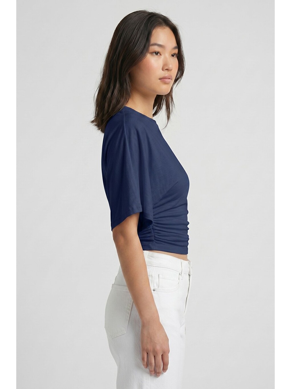 Lacivert Bisiklet Yaka Beli Büzgülü Yarasa Kollu Crop Bluz-5