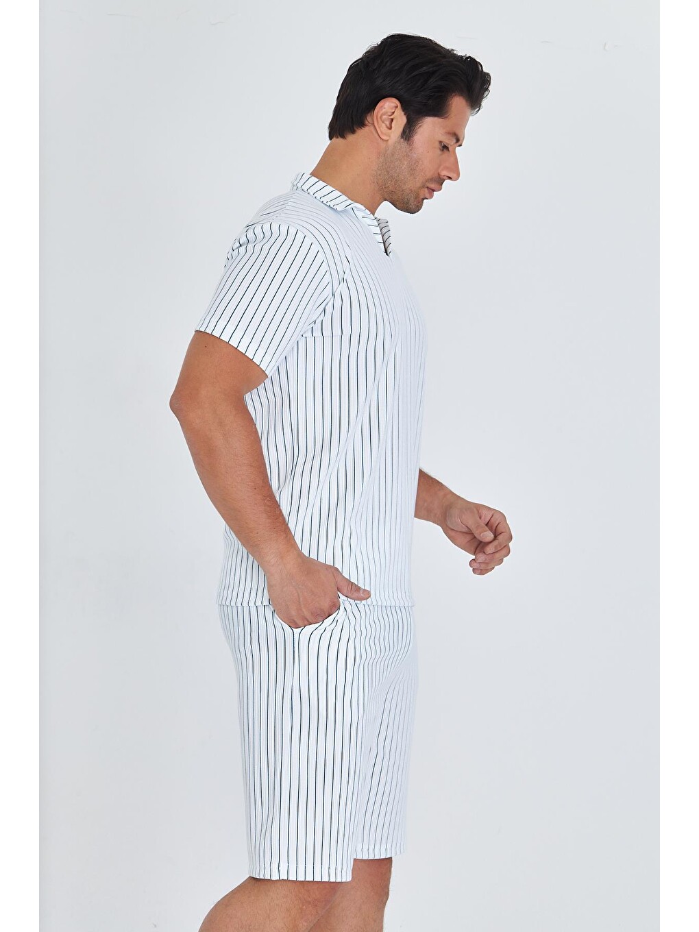 Erkek Yakalı Çizgili Polycotton T-shirt Şort İkili Takım Petrol 5733-p-4