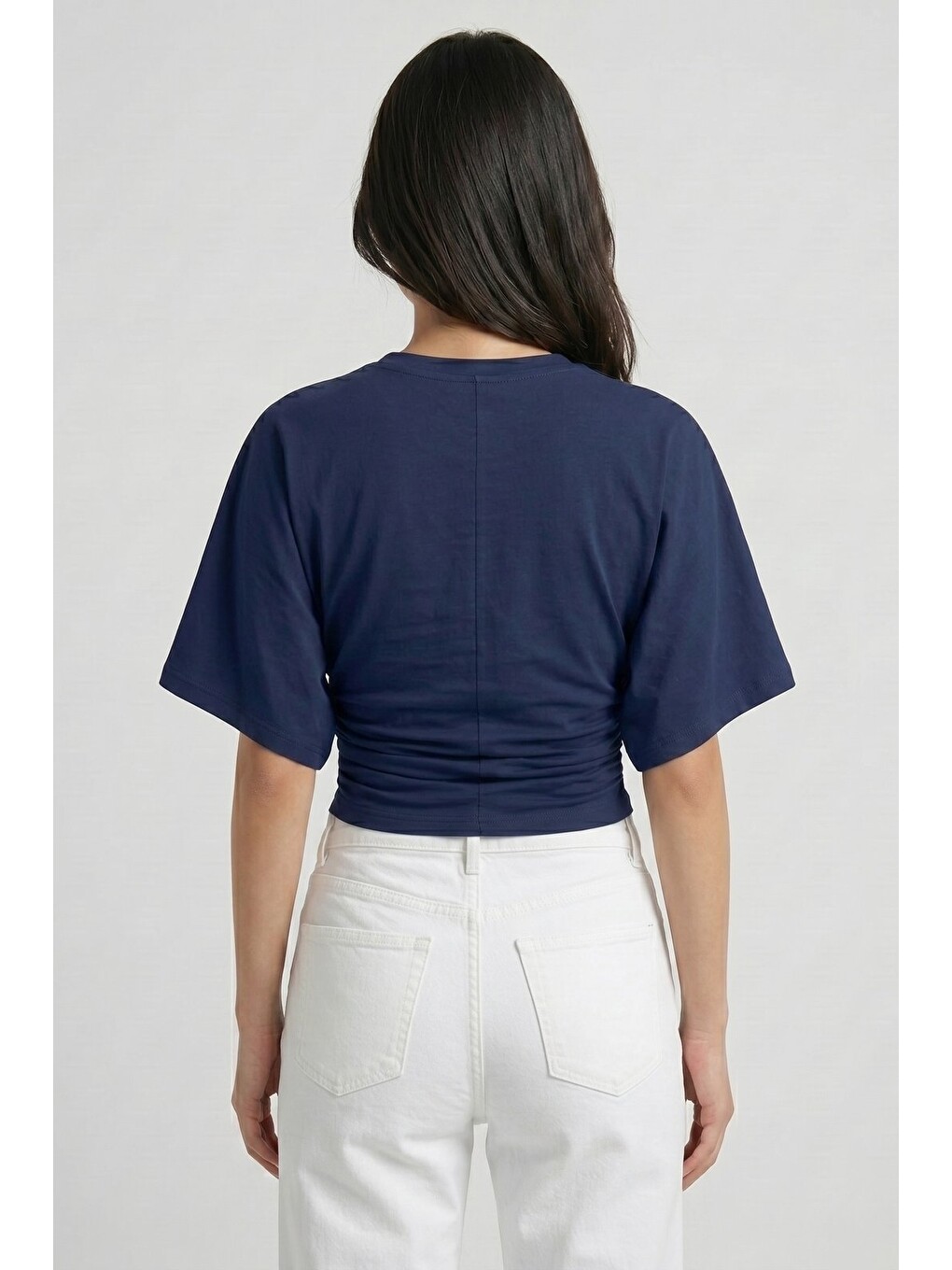 Lacivert Bisiklet Yaka Beli Büzgülü Yarasa Kollu Crop Bluz-6