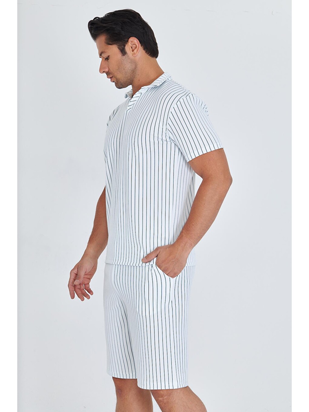 Erkek Yakalı Çizgili Polycotton T-shirt Şort İkili Takım Petrol 5733-p-5