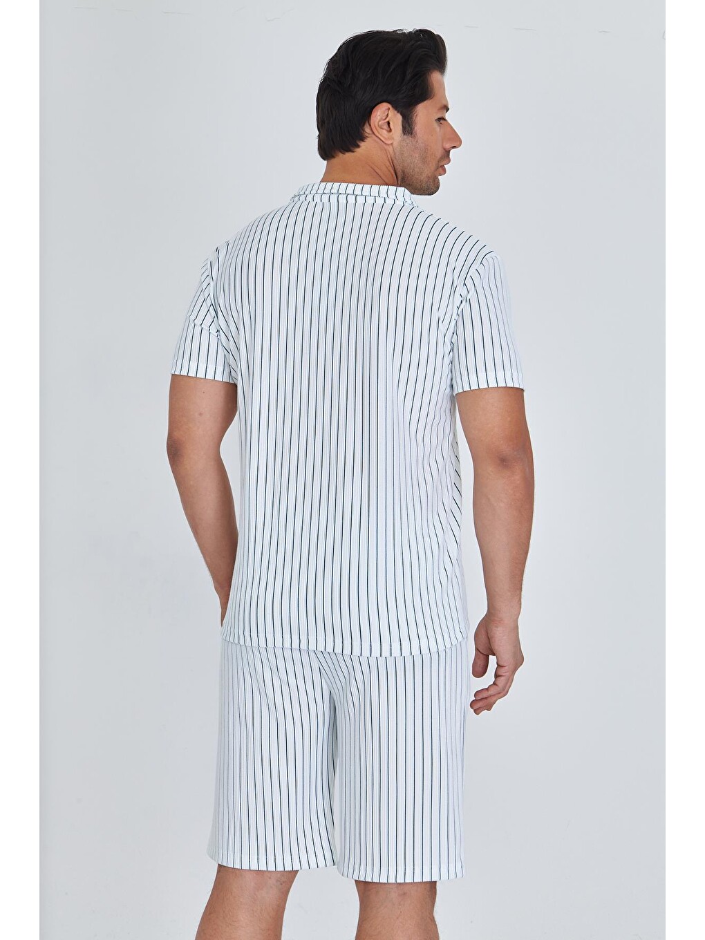 Erkek Yakalı Çizgili Polycotton T-shirt Şort İkili Takım Petrol 5733-p-6