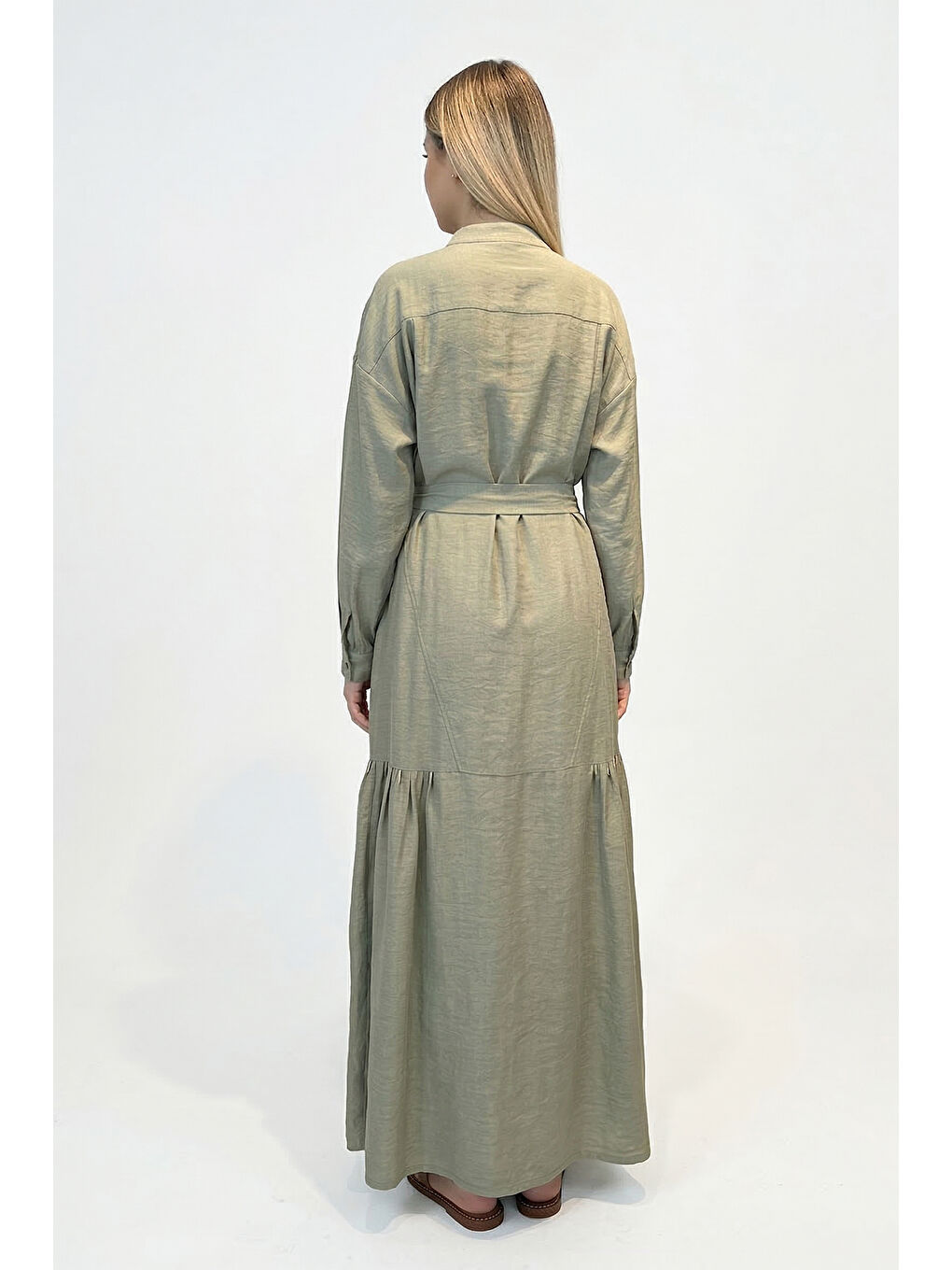 Hakim Yaka Keten Uzun Elbise 703 Açık Haki-2