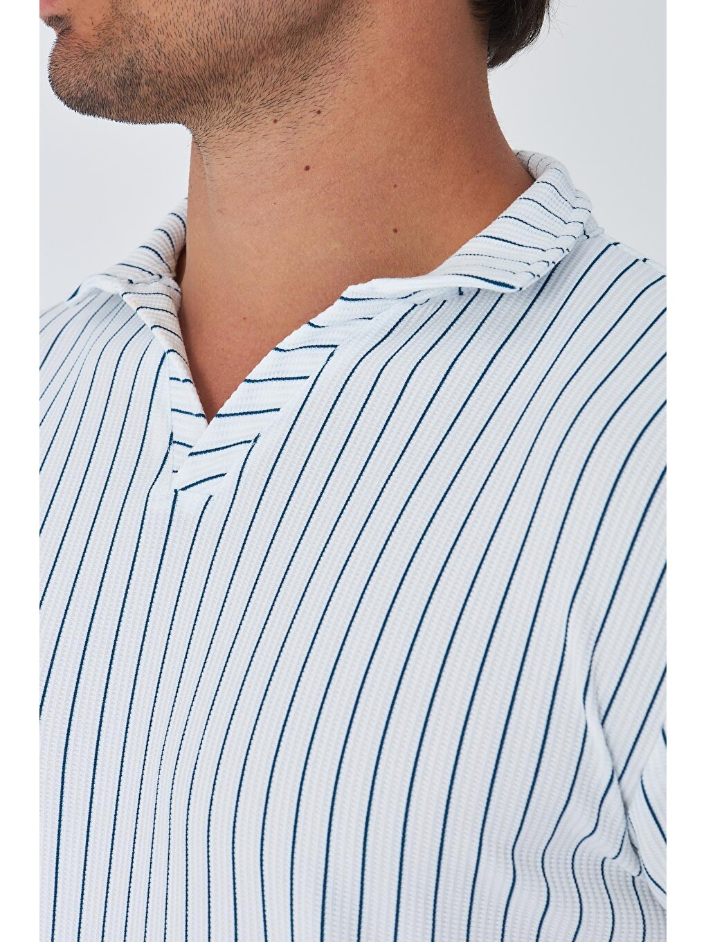 Erkek Yakalı Çizgili Polycotton T-shirt Şort İkili Takım Petrol 5733-p-7