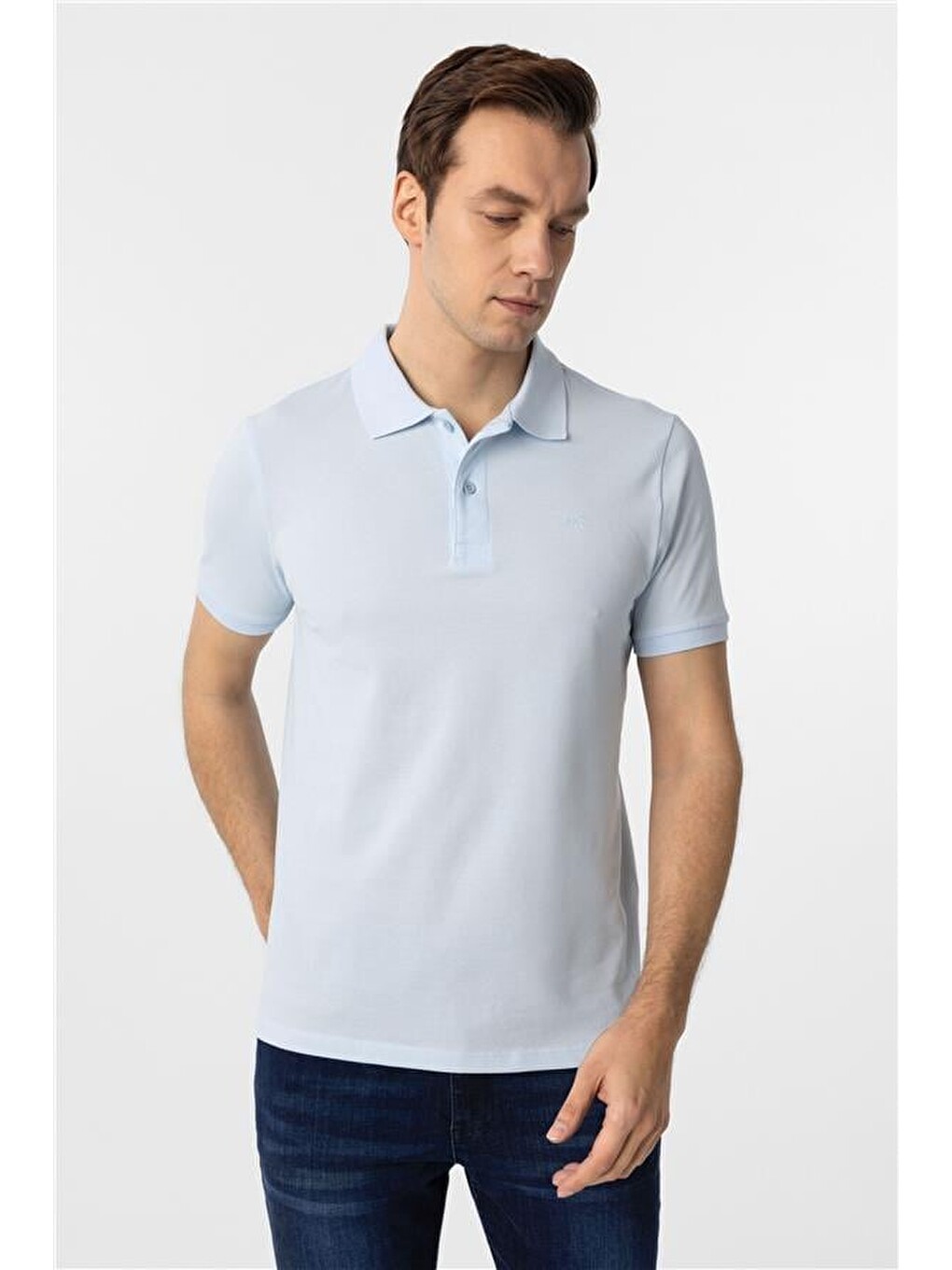 Buz Mavi Slim Düz Polo Yaka Tişört-1