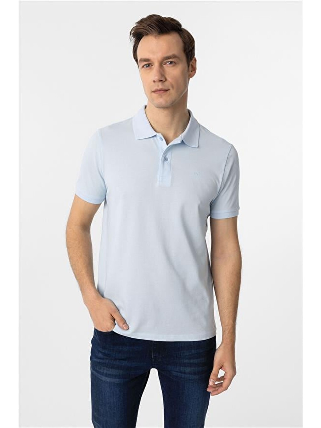 Buz Mavi Slim Düz Polo Yaka Tişört-3