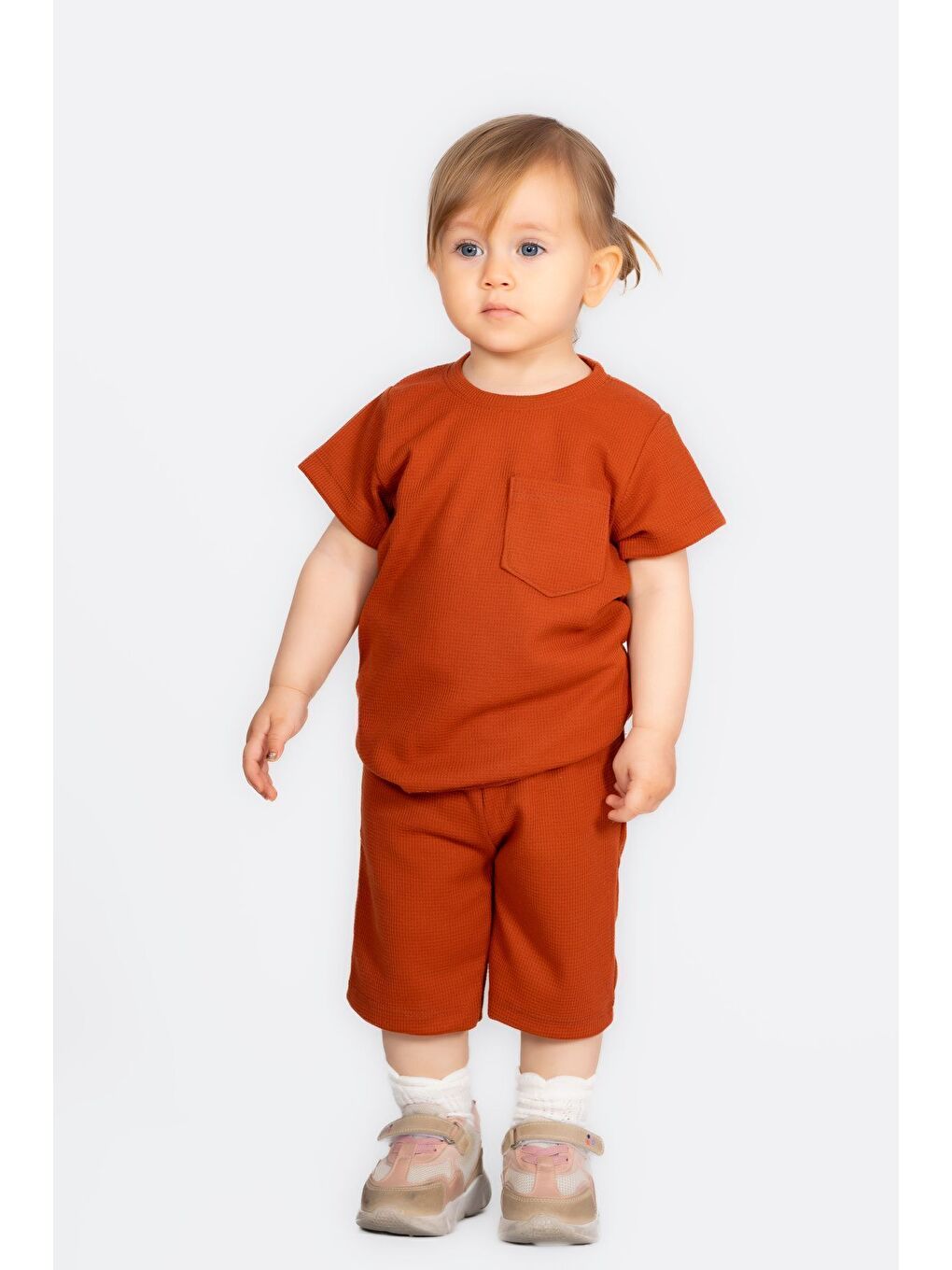 Kahverengi Düz Renk Pamuk Waffle Kumaş Yazlık Cep Detaylı 2 li Takım-1
