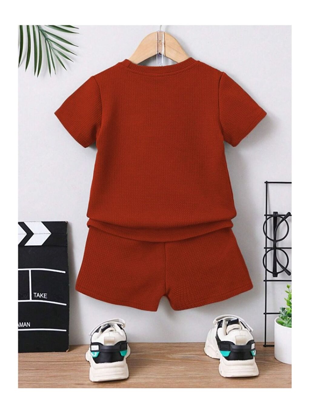 Kahverengi Düz Renk Pamuk Waffle Kumaş Yazlık Cep Detaylı 2 li Takım-2