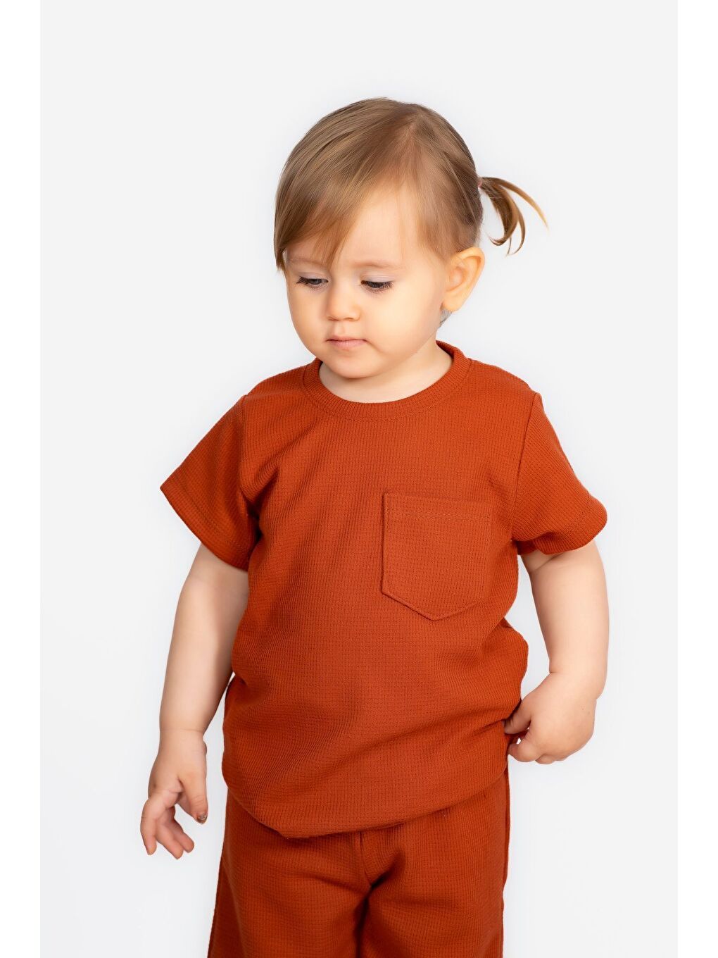 Kahverengi Düz Renk Pamuk Waffle Kumaş Yazlık Cep Detaylı 2 li Takım-3