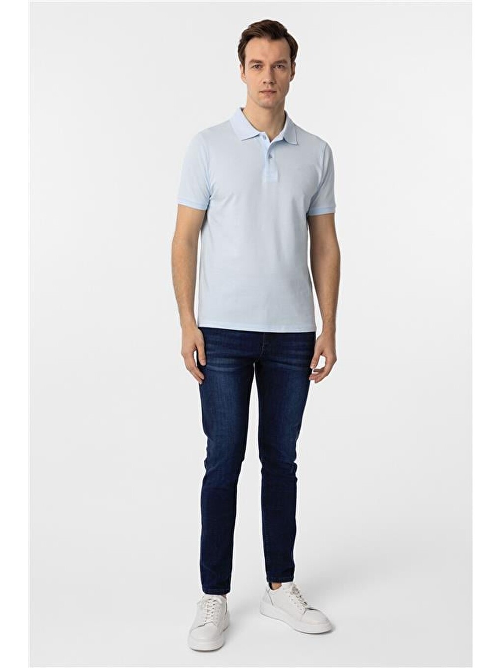 Buz Mavi Slim Düz Polo Yaka Tişört-5