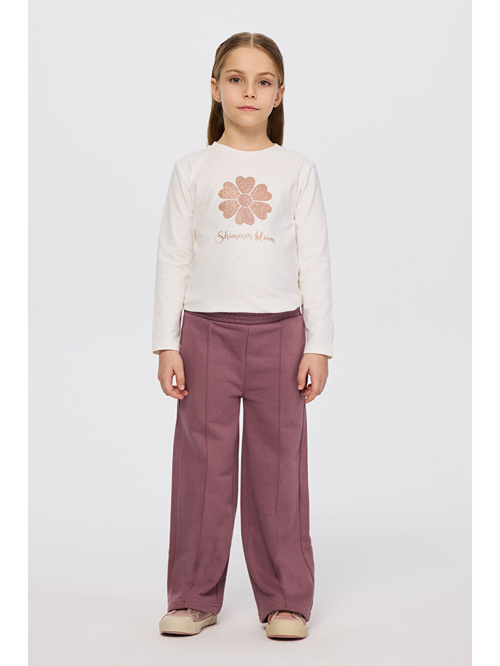 Pembe Kız Çocuk Beli Lastikli Bol Paça Dikiş Detaylı Gül Eşofman Altı