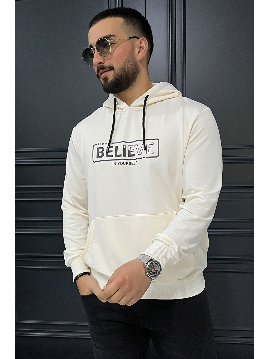 Mishar İtalia Ekru Erkek Kapüşonlu Baskılı Sweatshirt