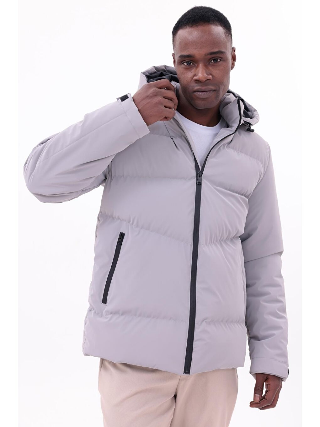 Gri Erkek Su Geçirmez Mont Nova Kumaş Çıkarılabilir Kapüşonlu Fermuar Çıt Detaylı-3