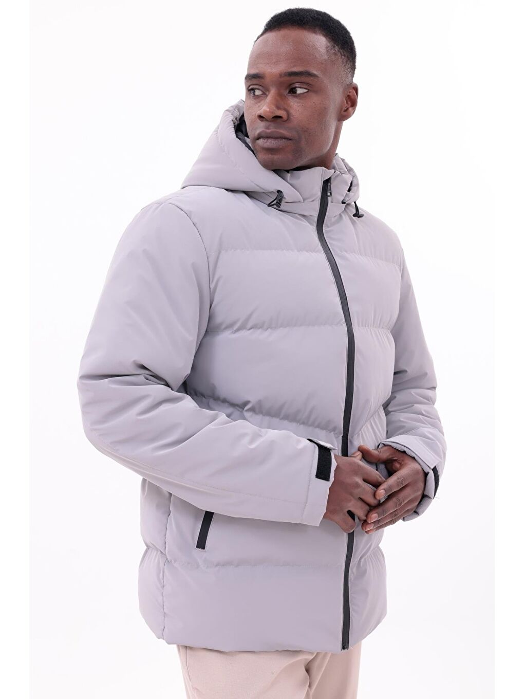 Gri Erkek Su Geçirmez Mont Nova Kumaş Çıkarılabilir Kapüşonlu Fermuar Çıt Detaylı-4