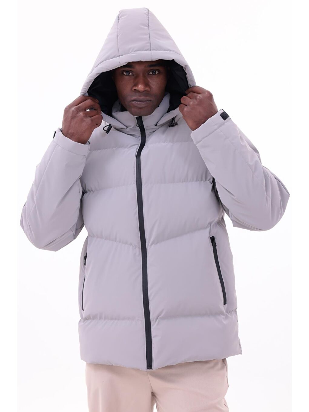 Gri Erkek Su Geçirmez Mont Nova Kumaş Çıkarılabilir Kapüşonlu Fermuar Çıt Detaylı-5