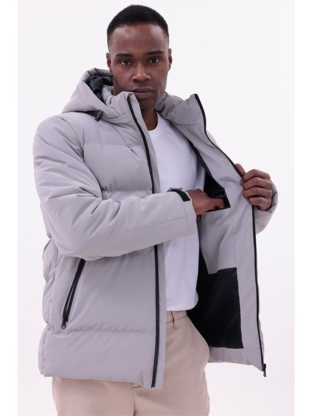 Gri Erkek Su Geçirmez Mont Nova Kumaş Çıkarılabilir Kapüşonlu Fermuar Çıt Detaylı-6
