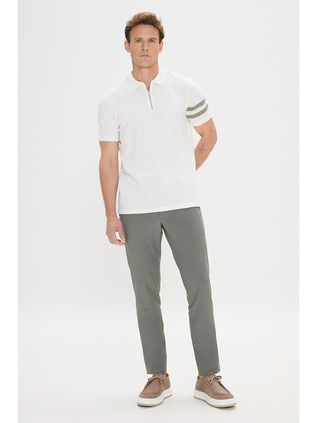 Erkek Beyaz Dar Kesim %100 Pamuk Polo Yaka Tişört-1