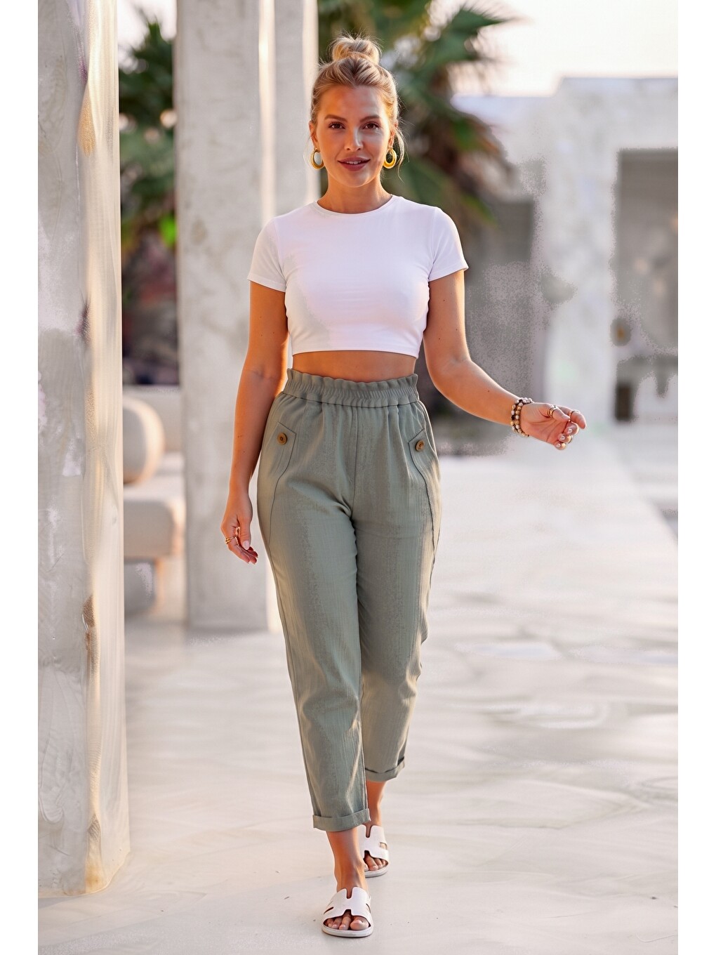 İtalyan Haki Cepli Orta Kalınlıkta Lastikli Bel Şalvar Paça Casual Gabardin Dokuma Pantolon 100 63-4