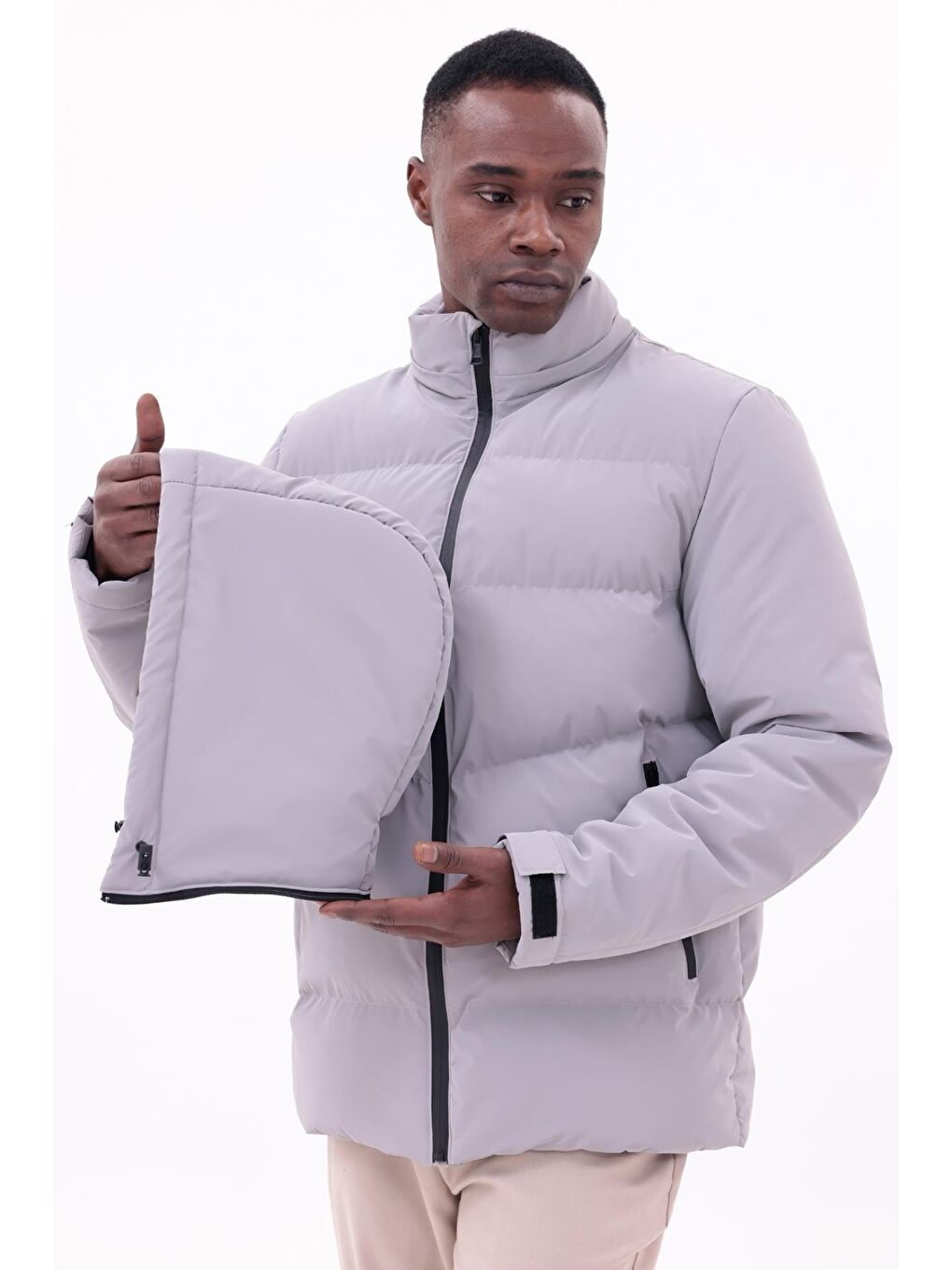 Gri Erkek Su Geçirmez Mont Nova Kumaş Çıkarılabilir Kapüşonlu Fermuar Çıt Detaylı-7