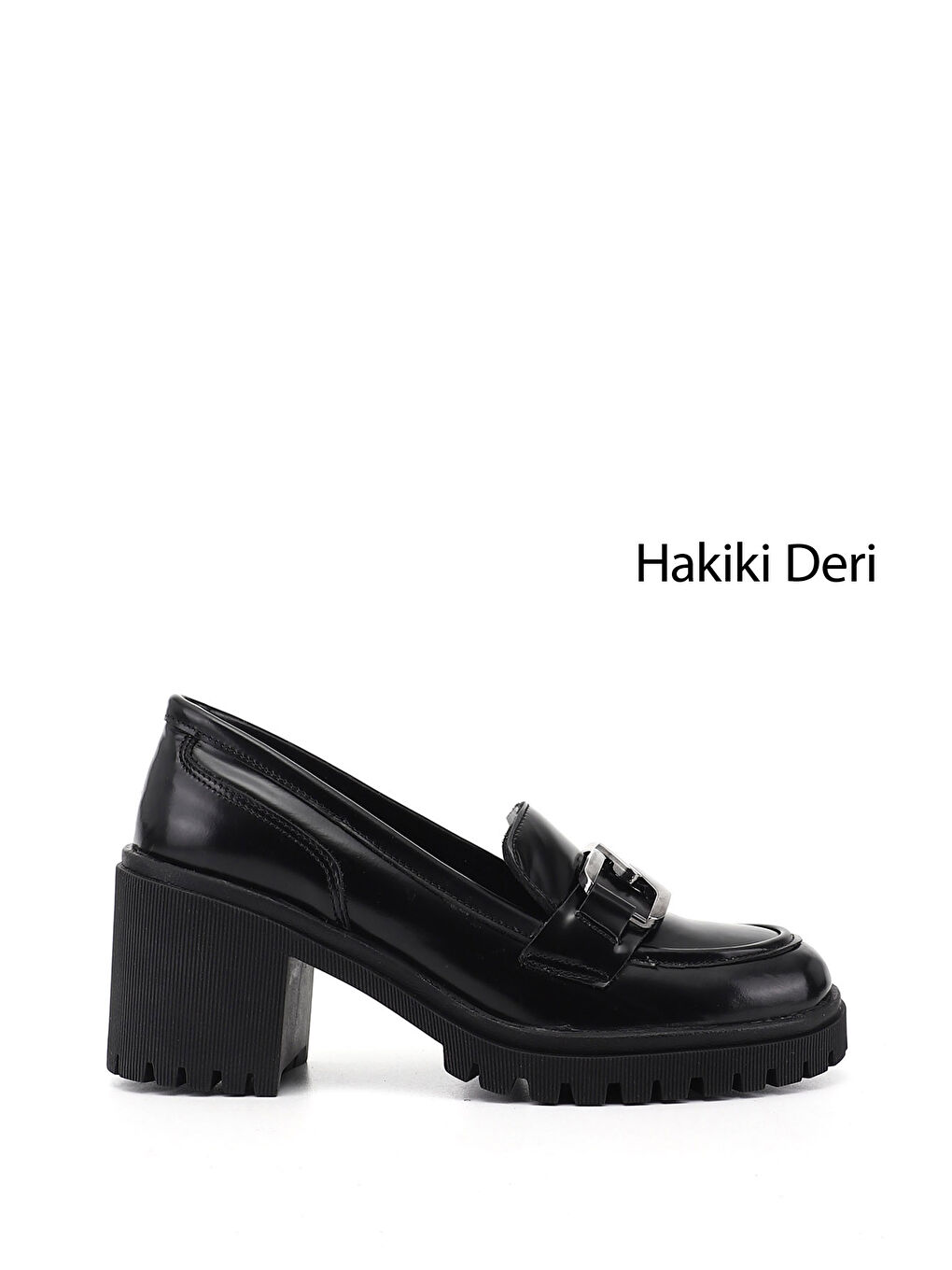 Siyah Kadın AÇIK SİYAH Tokalı Kalın Topuklu Loafer Hakiki Deri Ayakkabı