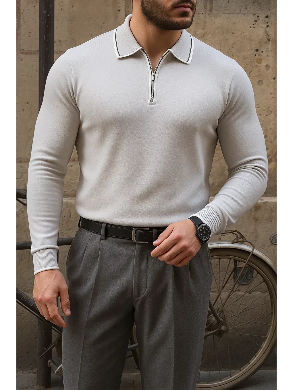 Erkek Günlük Çizgili Trend Gri Polo Yaka Kazak