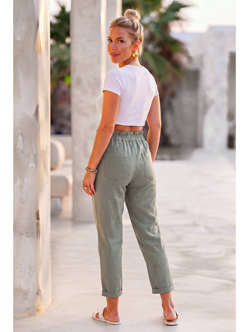 İtalyan Haki Cepli Orta Kalınlıkta Lastikli Bel Şalvar Paça Casual Gabardin Dokuma Pantolon 100 63-6